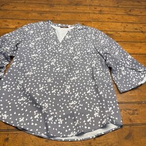 Gaharu Women's‎ Grey Abstract Dot Print Tunic Top 3/4 Sleeve V-Neck Size L FLAW